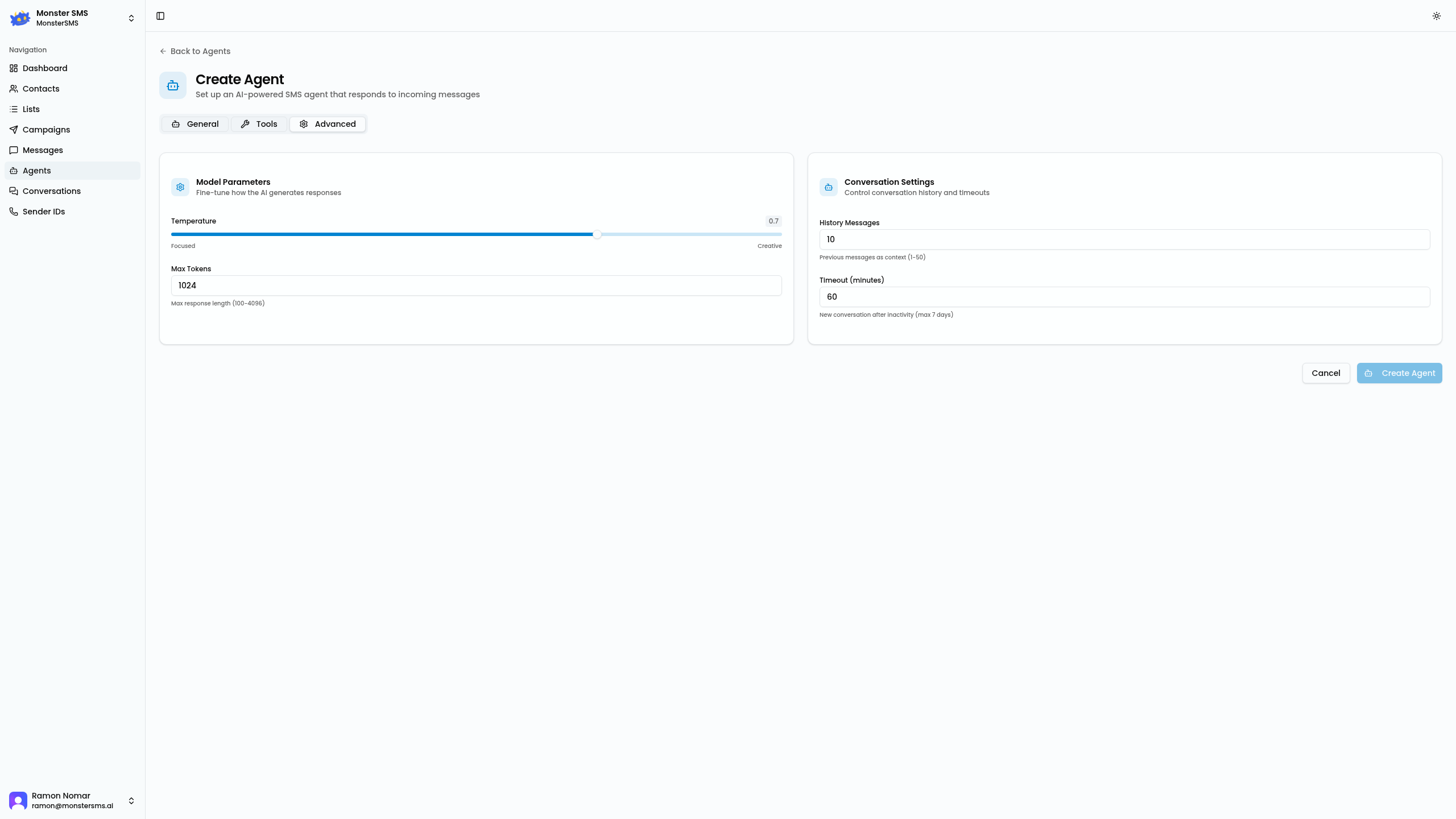 Agent advanced settings tab