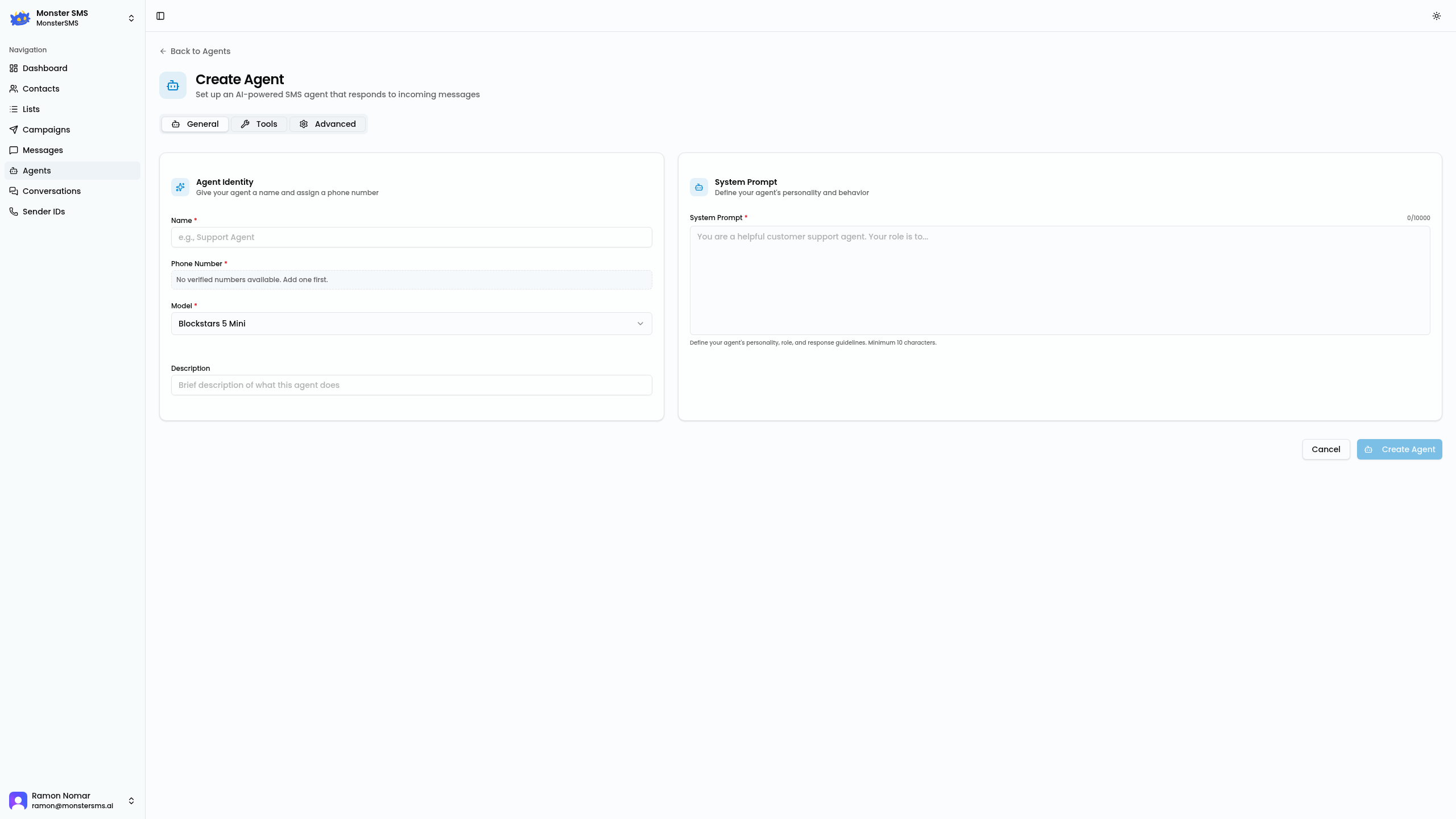 Create Agent form with name, model, and system prompt fields