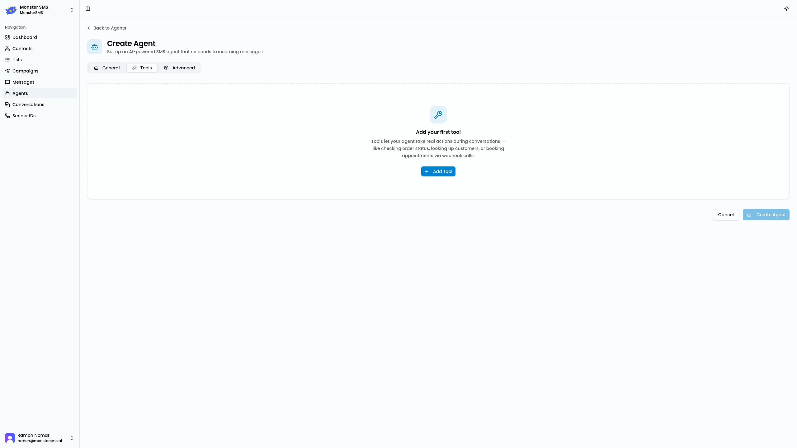 Agent tools tab showing available tool integrations