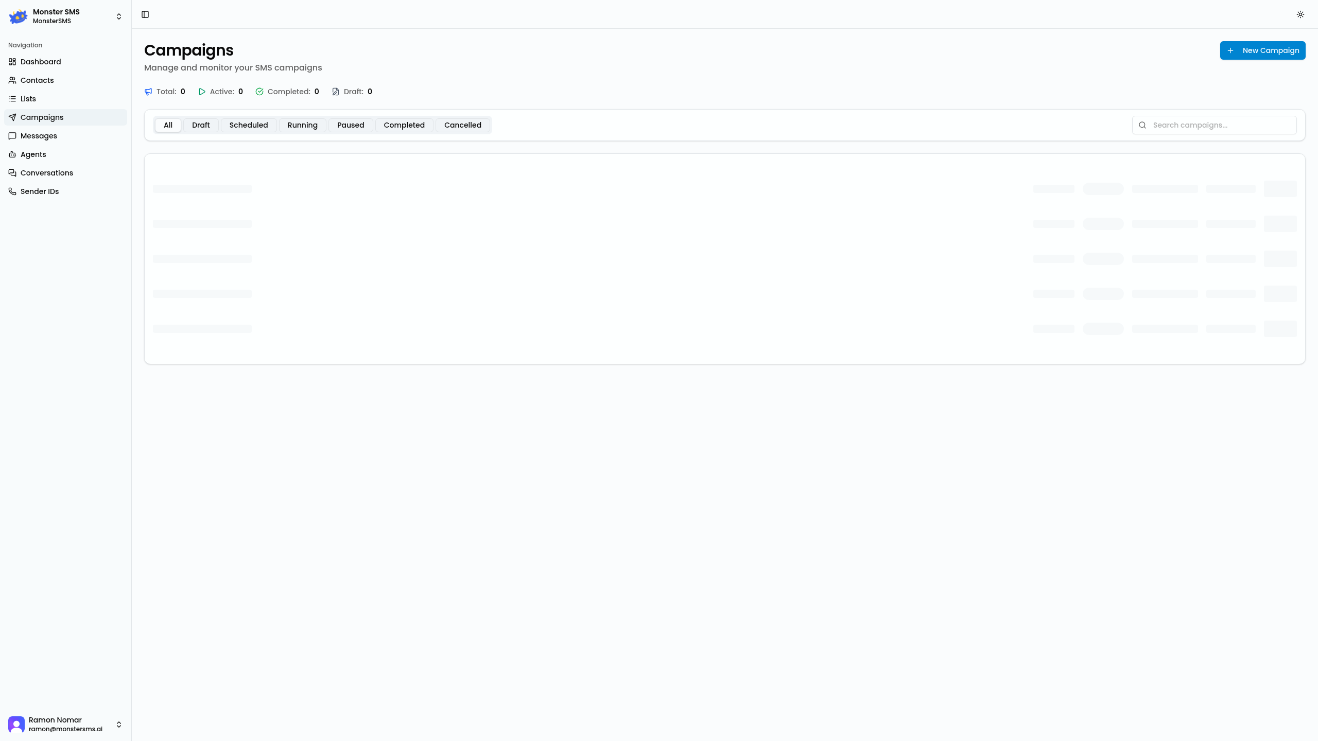 Monster SMS campaigns page