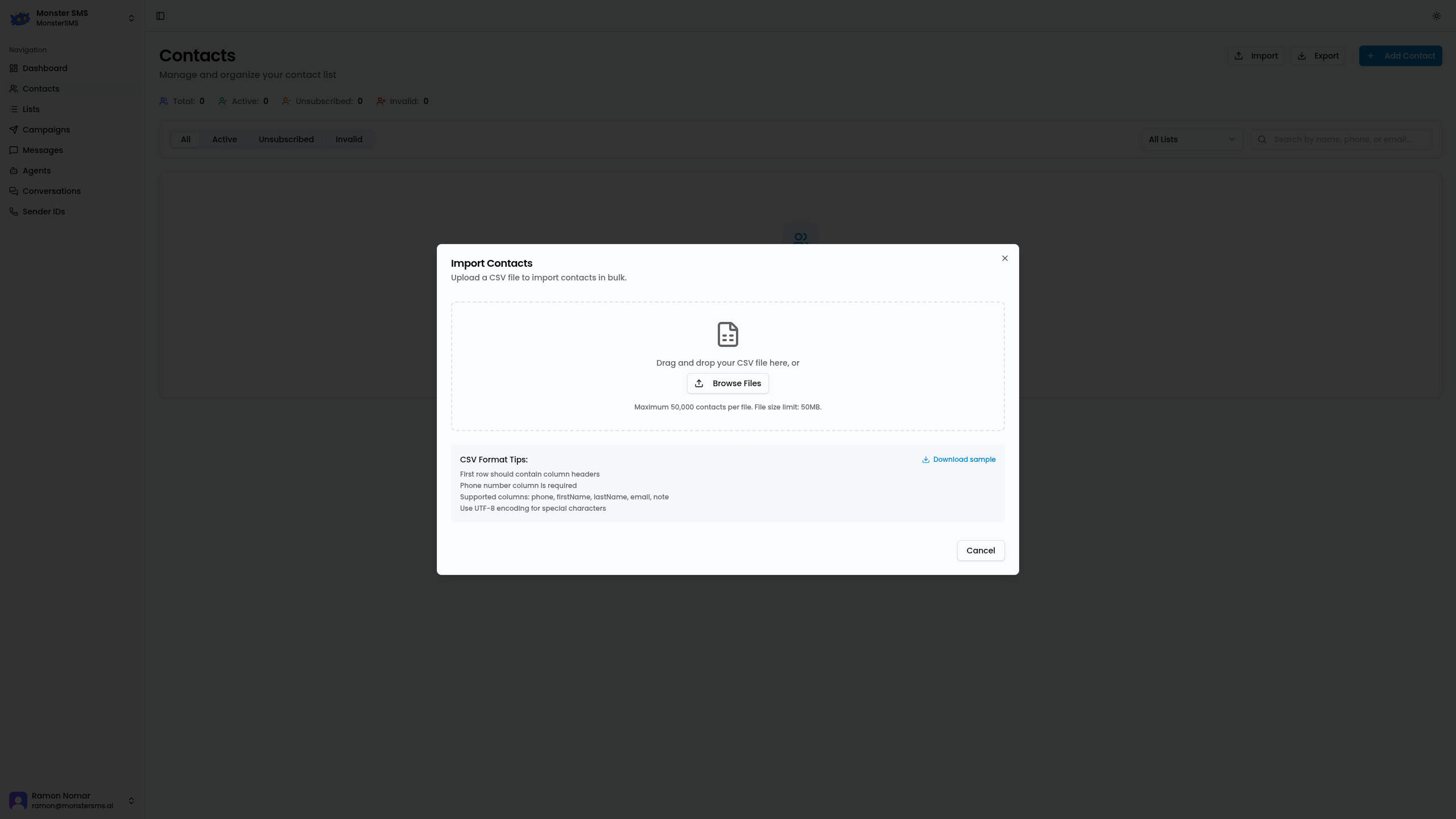 Import contacts dialog