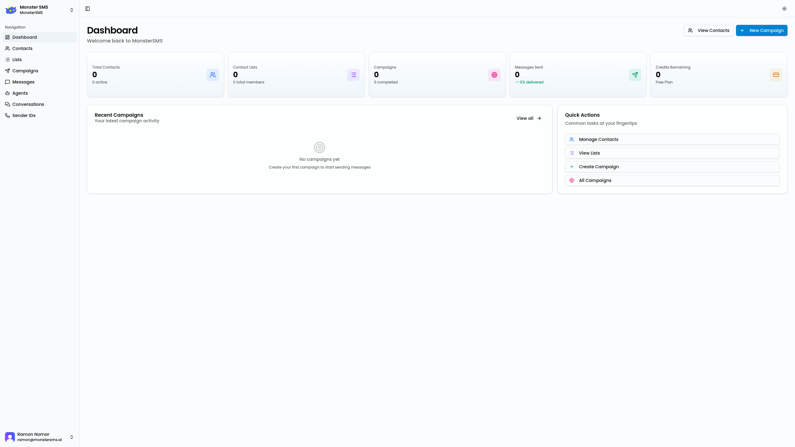 Monster SMS dashboard overview