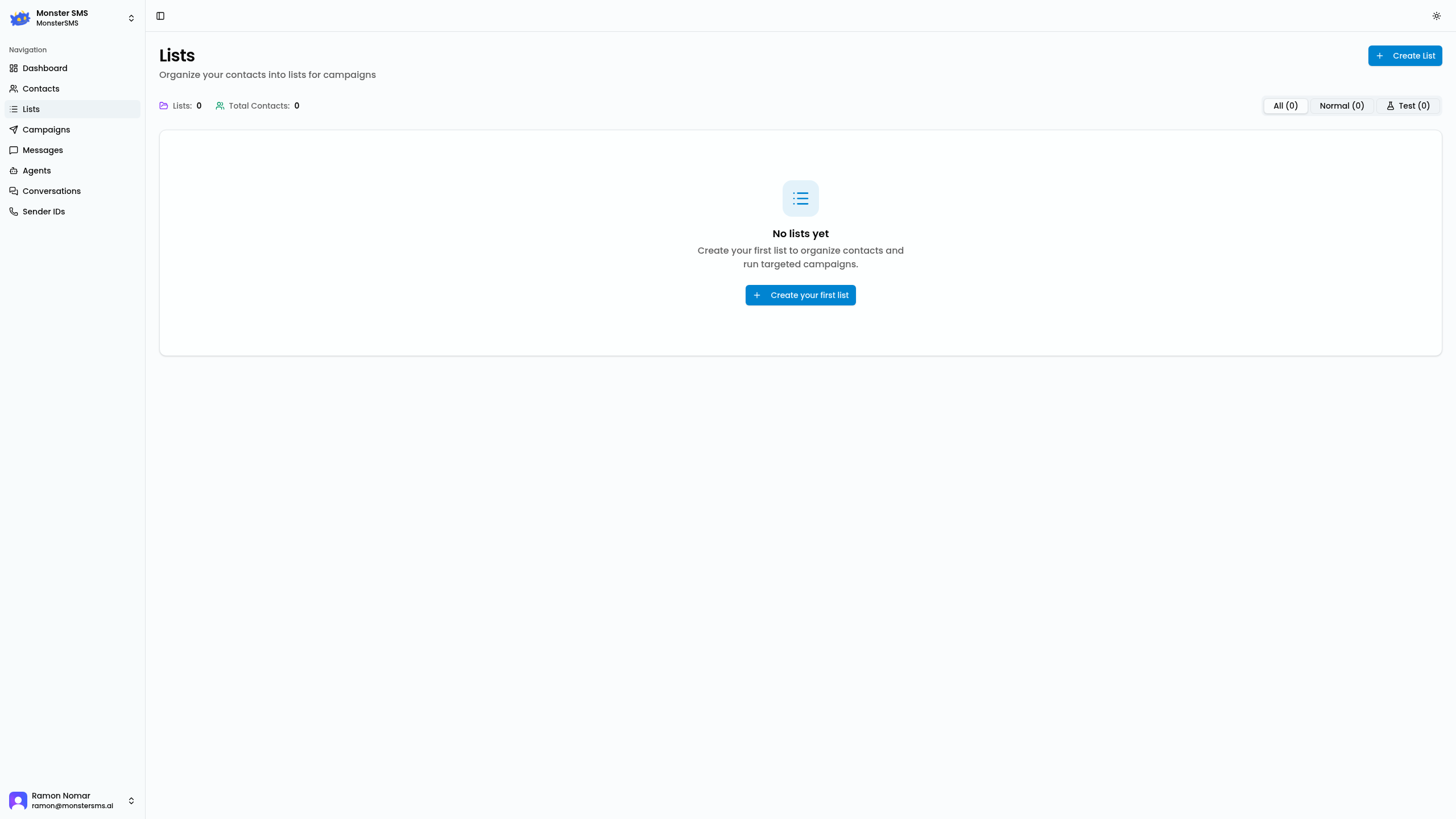 Monster SMS lists page