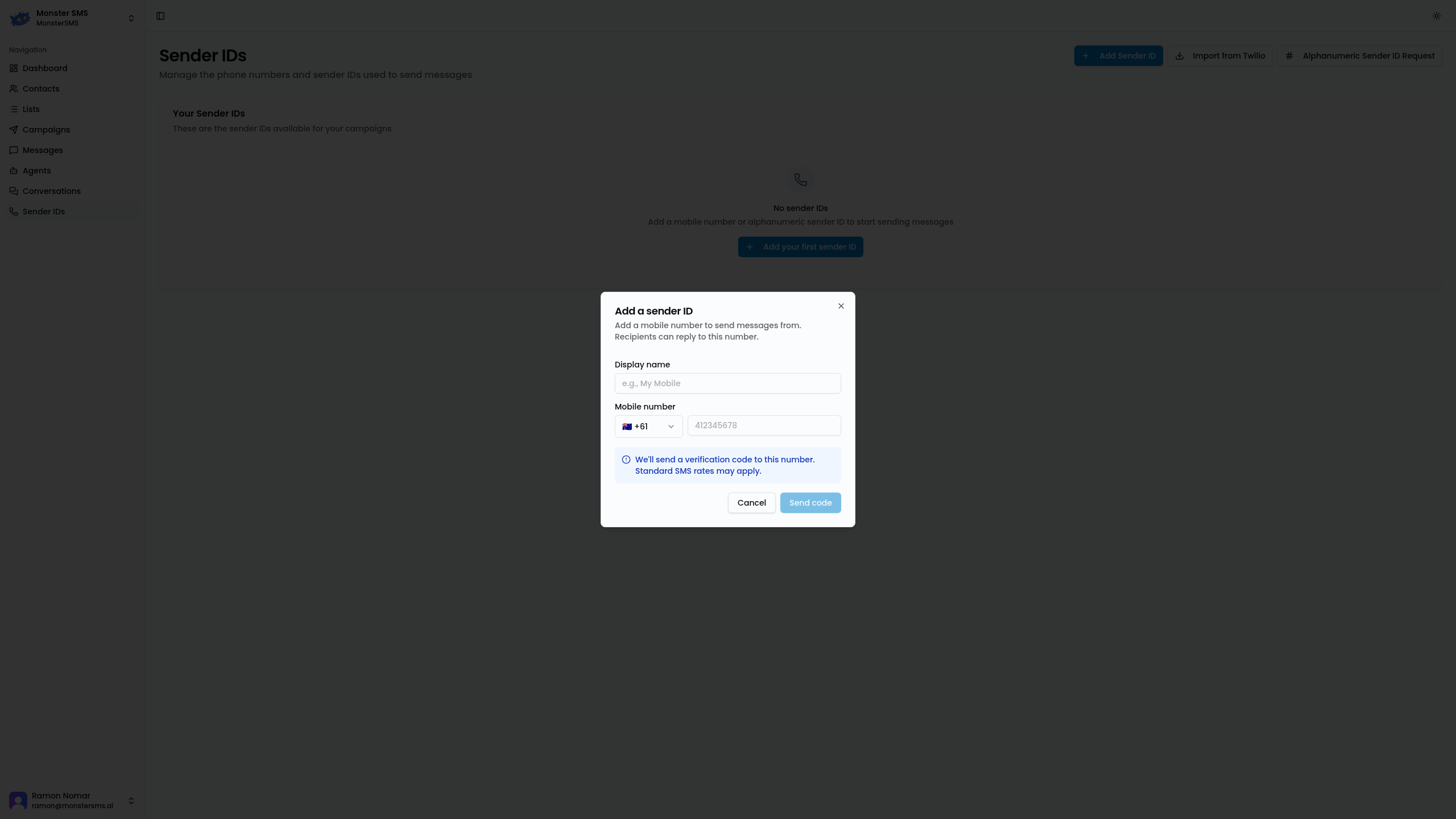 Add Sender ID dialog showing phone number field and verification