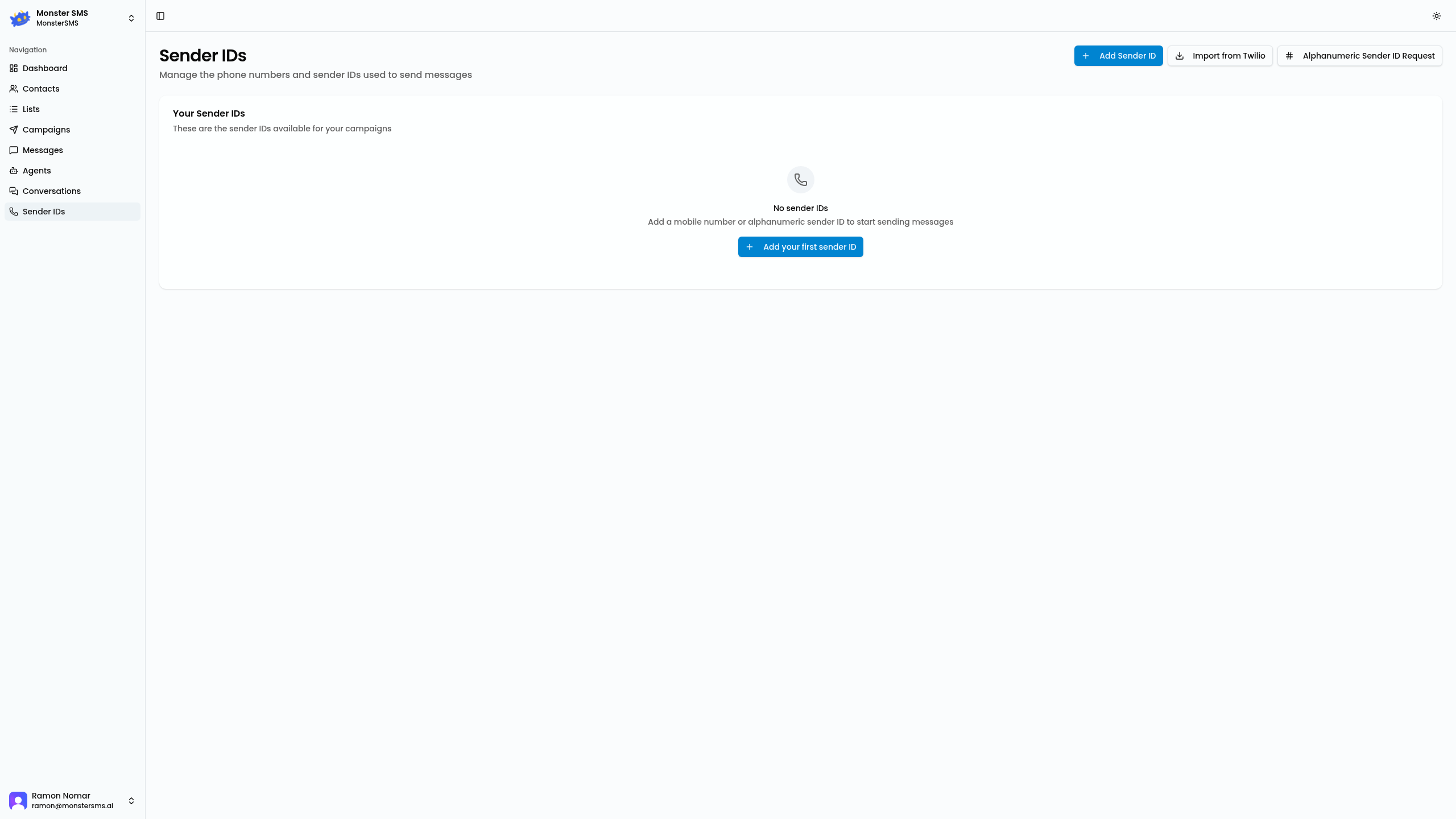 Monster SMS Sender IDs page showing registered numbers and names